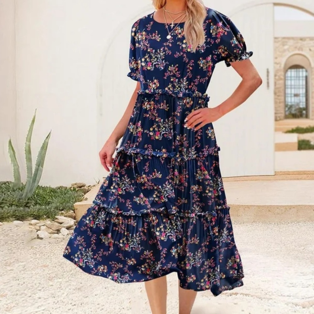 Navy Floral Tiered Midi Dress